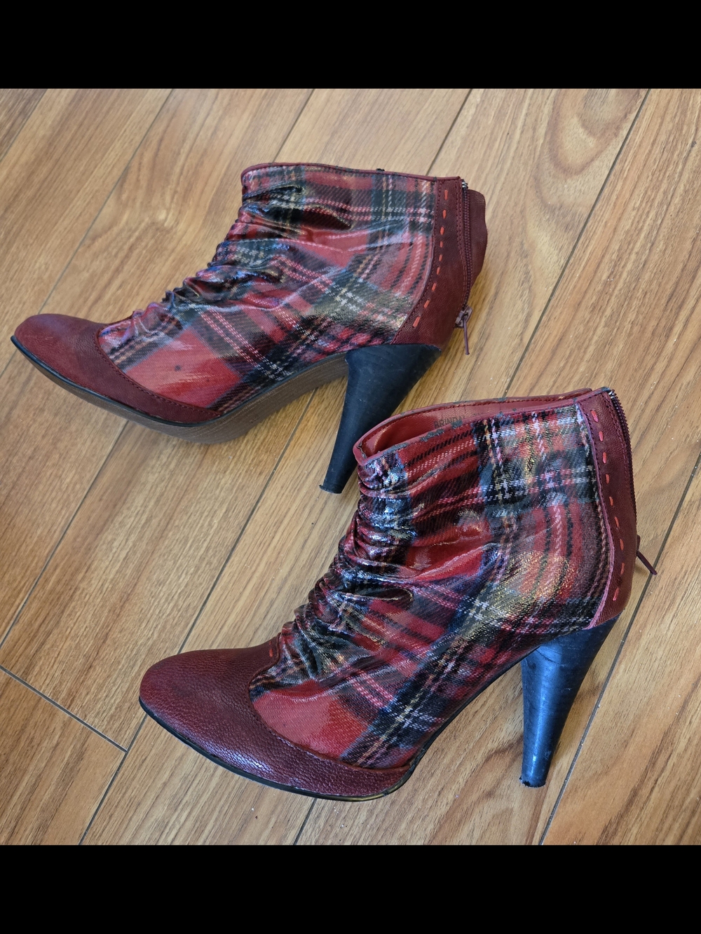 Plaid Red High-Heel Ankle Booties
